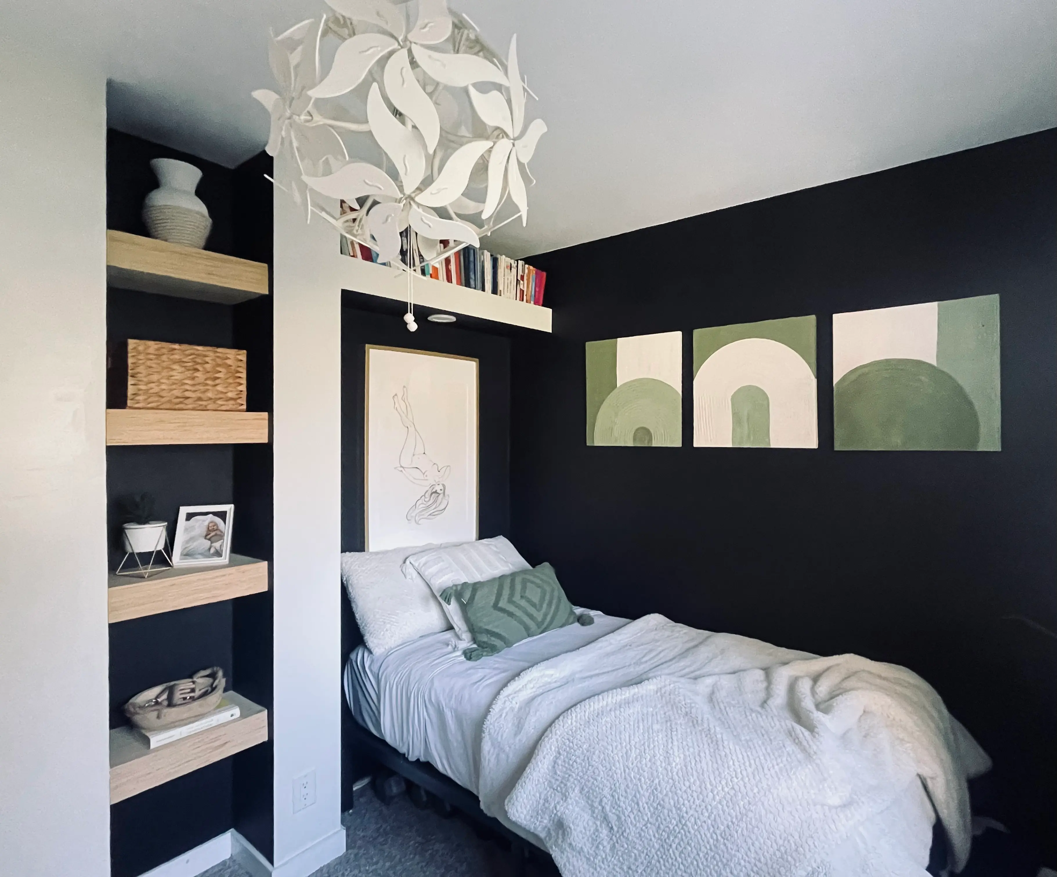 built-in-wardrobe wall with small built in desk and herringbone wood feature