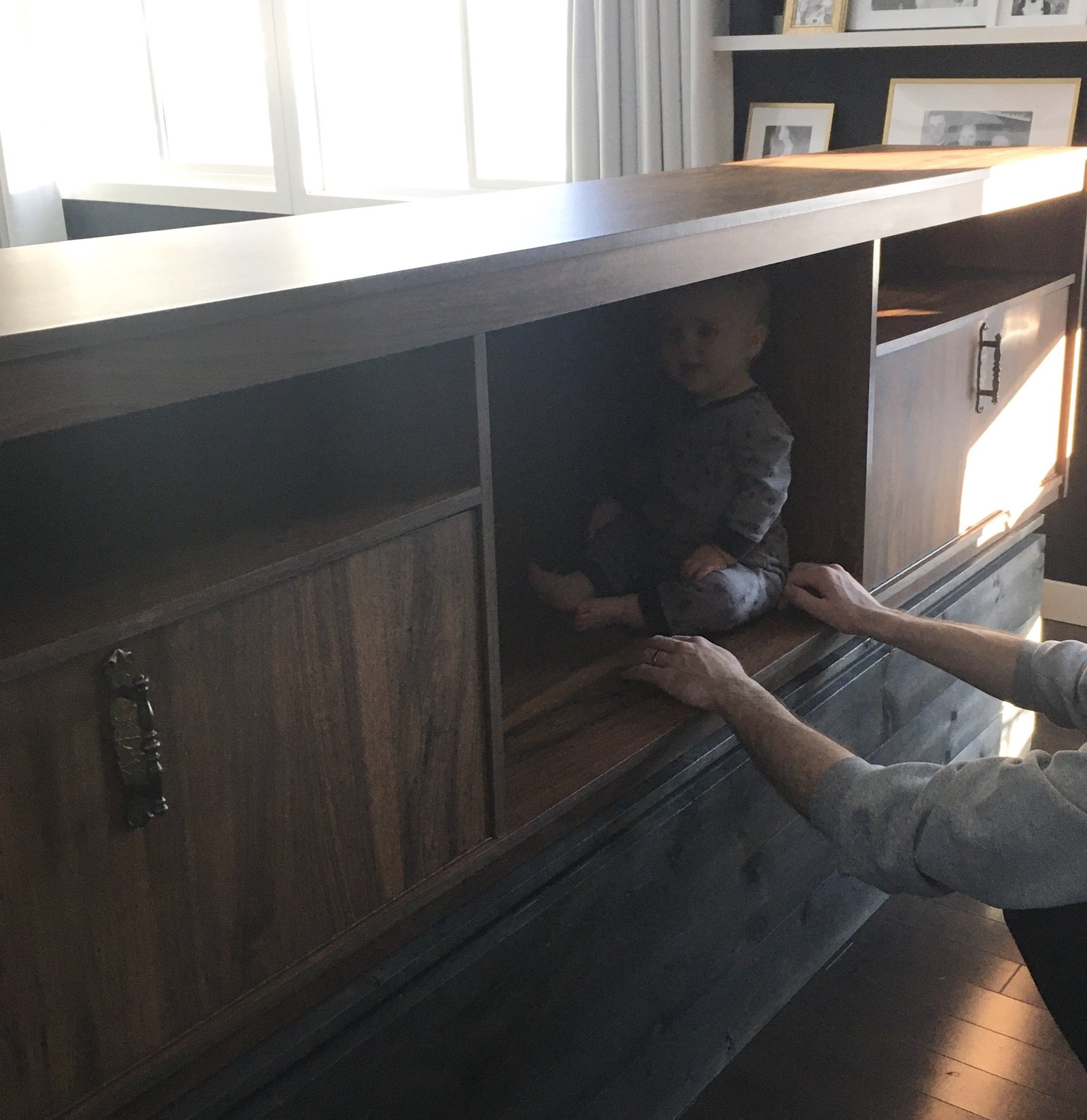 old laminate walnut color tv stand purchased to refinish